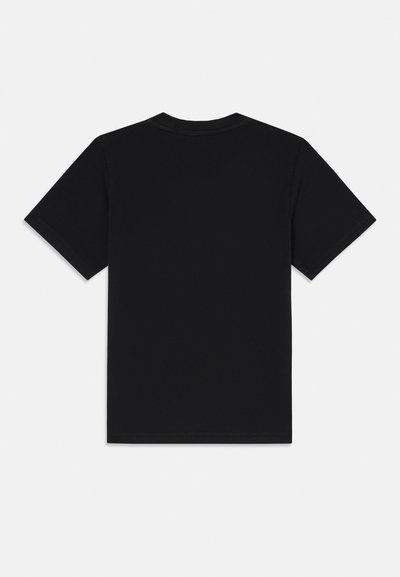 Black cotton t-shirt with short sleeves, crew neck, and a plain design. Textured fabric with clean stitching details.
