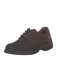 Scarpe stringate marroni in suede, con punta rotonda, cuciture a contrasto, collarino imbottito e una suola in gomma resistente.