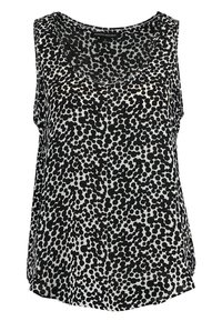 Černobílé tílko bez rukávů s výstřihem do L, zdobené puntíkovým vzorem, z měkké látky a s pohodlným střihem.