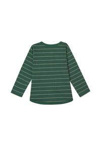Groene blouse met lange mouwen, voorzien van crème kleurige horizontale strepen, een ronde halslijn en een gebogen zoom. Gemaakt van zacht, flexibel materiaal.