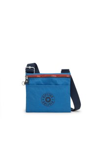 Borsa a tracolla in nylon blu con zip arancione, tracolla regolabile e logo stampato sul davanti. Design rettangolare compatto.