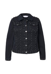 Svart denimjacka med silverfärgade nitar, med knäppningar, två bröstfickor och en kortad passform. Strukturerat tyg med metalliska detaljer.