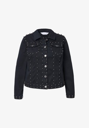 Black denim jacket with silver studded accents, featuring button closures, two chest pockets, and a cropped fit. Textured fabric with metallic details.