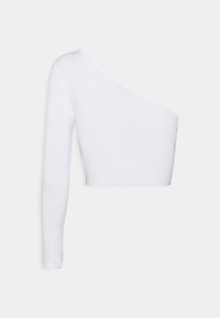 Top branco, cropped, com um design assimétrico de um ombro. Feito de um tecido suave, apresentando uma manga longa de um lado e uma bainha limpa.