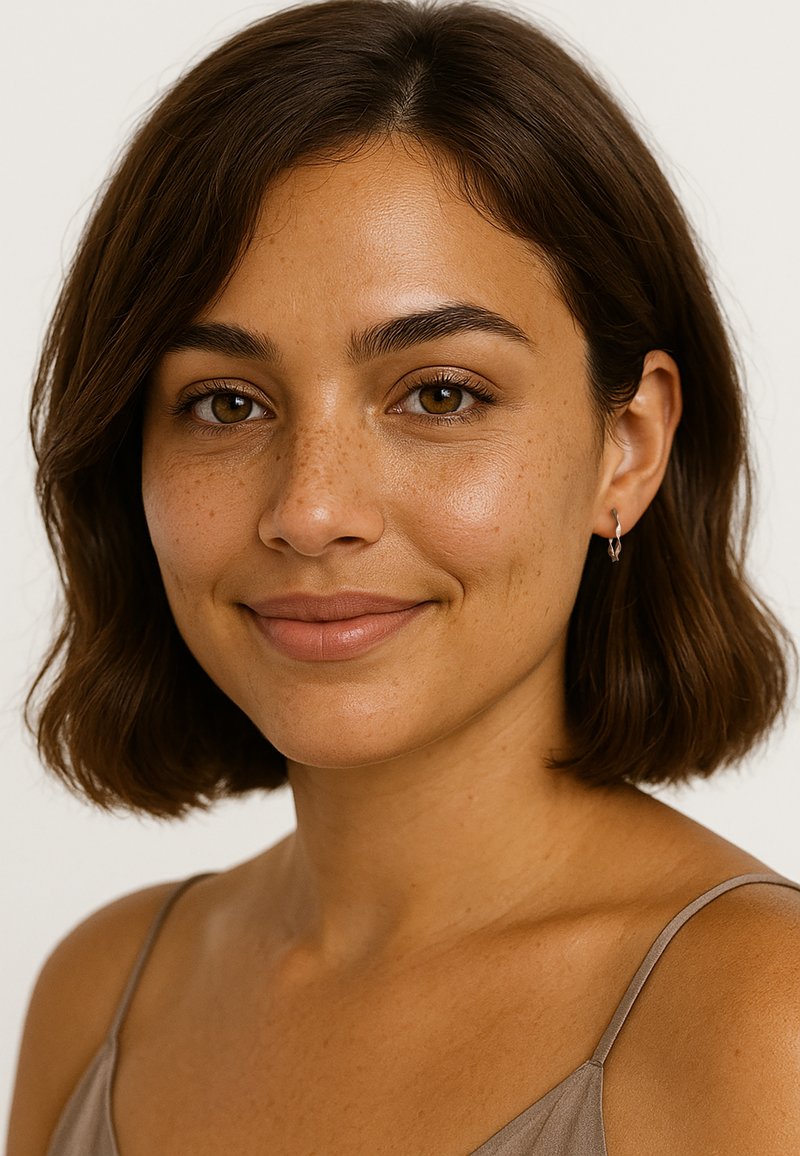 Ung kvinna med kort brunt hår, ljusa fräknar, iförd små silverfärgade hoops och en beige spagettibandstopp, som ler mjukt.