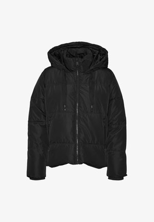 Veste matelassée noire avec capuche, dotée d'une fermeture éclair à l'avant, de poignets élastiques et de poches latérales ; texture lisse avec un design matelassé.