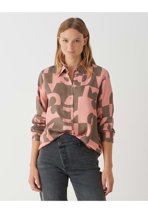 Camicia a maniche lunghe con bottoni in rosa e marrone, caratterizzata da un motivo geometrico. Realizzata in tessuto leggero, con colletto e pattina dei bottoni.