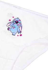 Mutande di cotone bianche con un personaggio dei cartoni animati blu, contrassegnato da baci rosa, un occhio rotondo e lunghe orecchie, progettate con una cintura liscia.