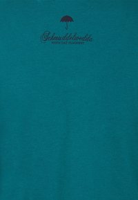 Tyrkysové bavlněné tričko s krátkým rukávem, s kulatým výstřihem a tmavým potiskem deštníku s textem "Schmuddelwedda WENN DAT PLADVERT."