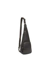 Borsa a tracolla in pelle marrone a forma triangolare, con tasca frontale con zip, cuciture a contrasto e tracolla regolabile.