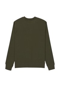 Sweat-shirt uni vert foncé à manches longues et col rond, vu de dos avec poignets et ourlet côtelés.