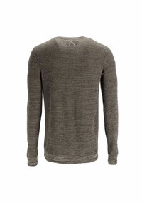 Pull marron tricoté à manches longues avec un motif texturé, montré de dos sur un fond blanc.