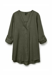 Blouse vert olive en tissu léger, avec un col en V, une fermeture à boutons, des manches retroussables et un ourlet incurvé.