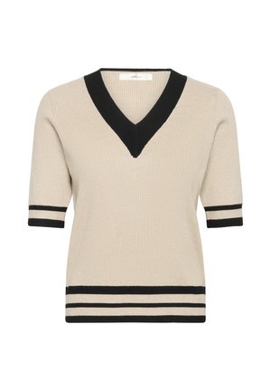 Beige Kurzarm-Strickpullover mit V-Ausschnitt, ausgestattet mit einem schwarzen Rippenkragen und gestreiften Akzenten an den Ärmeln und dem Saum.