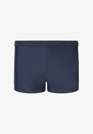 Mørkeblå herre badebukser med et enkelt, glat design og et lille logo mærke på øverste højre side af linningen.