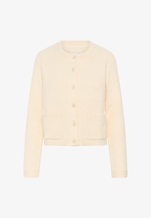 Cream cardigan with a textured knit pattern, rounded collar, front button closure, and two patch pockets on the front.