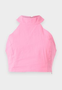 Rozā īsā tops ar augstu ruffles apkakli, gludu tekstūru un aizmugurē esošu rāvējslēdzēju. Pielāgota piegriezuma un bez papildu rakstiem vai akcentiem.