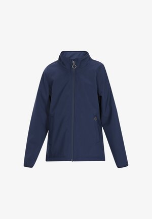 Tengerészeti puha shell dzseki magas gallérral, elülső cipzáras záródással és oldalsó zsebekkel. Simább textúrával és minimalista dizájnnal rendelkezik.