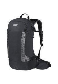 Schwarzer Rucksack mit strukturierter Oberfläche, Mesh-Akzenten, verstellbaren Trägern und einer äußeren Reißverschlusstasche zur Aufbewahrung.