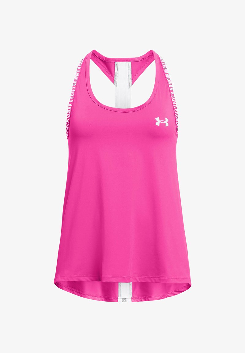 Rožinė sportinė marškinė su atvira nugarine, su baltais diržais su logotipais, lygiu paviršiumi ir šiek tiek lenkta apatine dalimi.