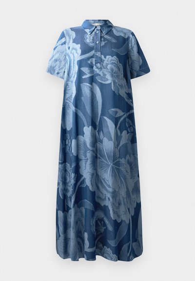 Rochie din denim cu mâneci scurte, model floral în albastru deschis, și guler. Dispune de o deschidere cu nasturi și o croială liberă, fluidă.