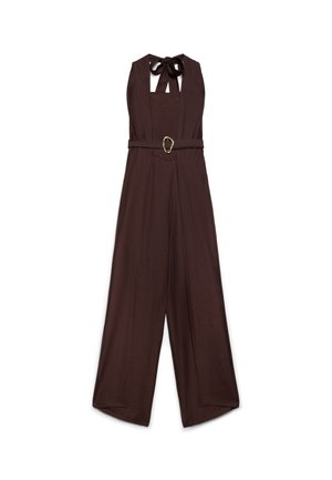 Tuta senza maniche marrone scuro a gamba larga con collo halter annodato e cintura abbinata con fibbia ovale in vita.