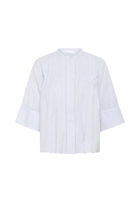 Camicia leggera di colore azzurro, con colletto rotondo, chiusura a bottoni e parte anteriore plissettata. Presenta maniche ampie e a lunghezza gomito, realizzate in tessuto testurizzato.