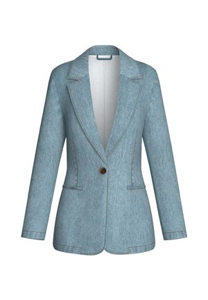 Blazer da donna azzurro chiaro con rever a lancia, maniche lunghe, due tasche frontali e chiusura con un solo bottone marrone.