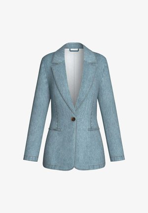 Blazer da donna azzurro chiaro con rever a lancia, maniche lunghe, due tasche frontali e chiusura con un solo bottone marrone.