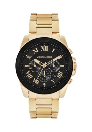 Michael Kors guldfarvet metal armbåndsur med sort urskive, romertal, tre sub-dials og datovisning ved kl. 4-positionen.