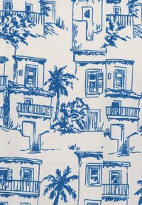 Blaue Linienzeichnungen von Gebäuden im mediterranen Stil und Palmen auf weißem Stoffhintergrund.