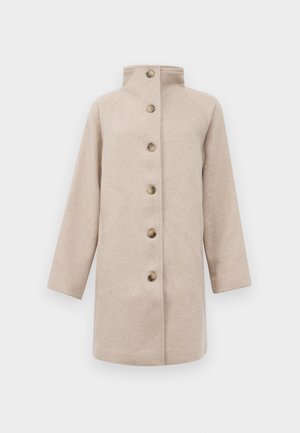 Beige ullkappa med hög krage, långa ärmar och sex stora bruna knappar framtill, uppställd mot en enkel vit bakgrund.