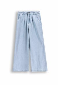 Jasnoniebieskie szerokie dżinsy z plisowanym przodem, z zapięciem na guzik i bocznymi kieszeniami. Wykonane z miękkiej tkaniny dżinsowej.