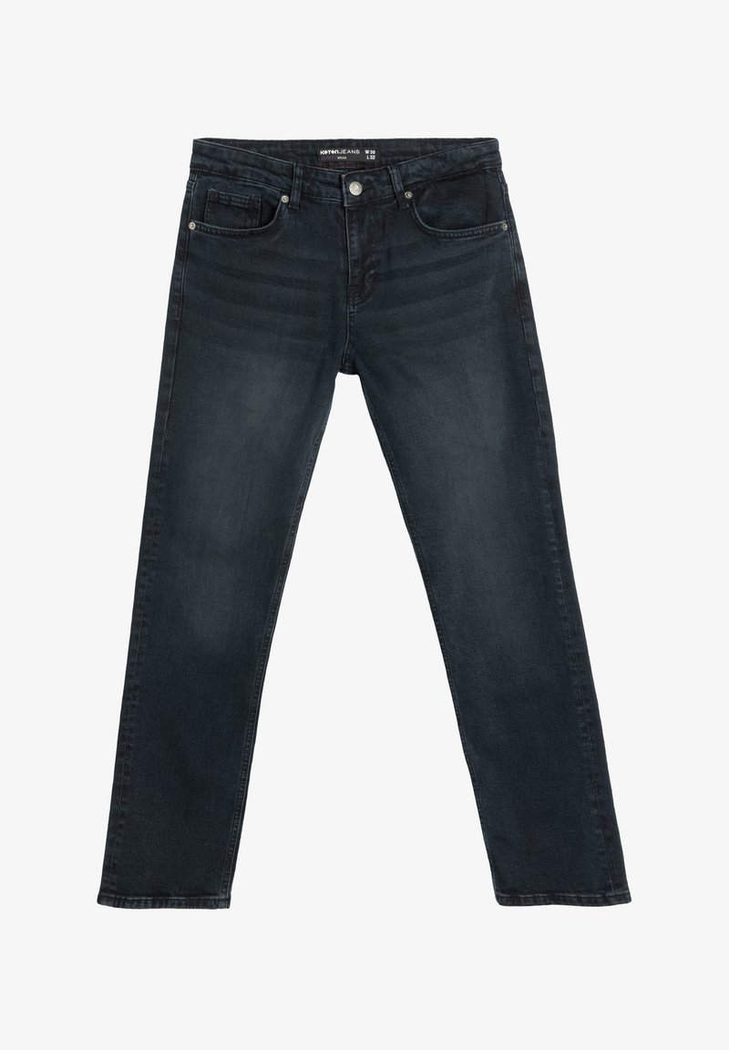 Jeans de mezclilla azul oscuro con un diseño de pierna recta, estilo de cinco bolsillos estándar y cierre de botón en la cintura.