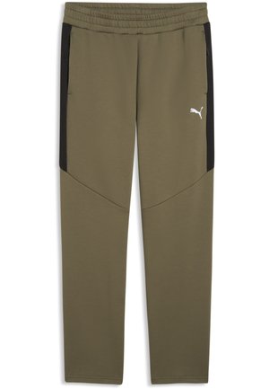Oliwkowozielone spodnie dresowe Puma z czarnymi bocznymi panelami, elastycznym pasem, kieszeniami na zamek i białym logo Puma na prawej udzie.