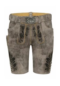 Grijze leren short met zwarte bloemembroidery, gele voering, zilveren gesp en decoratieve knopen aan de zijkanten.