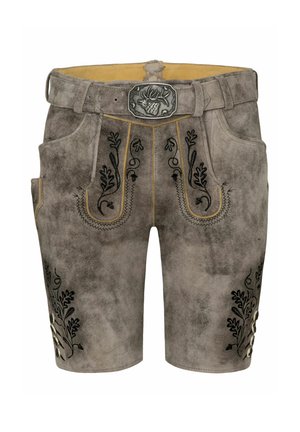 Grau lederne Shorts mit schwarzem Blumenstickerei, geliner Fütterung, silberner Schnalle und dekorativen Knöpfen an den Seiten.