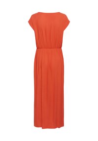 Long orange dress made of lightweight fabric, featuring a gathered waist and short sleeves, with a smooth texture and simple design.
