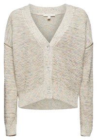 Häkeljacke in Creme mit bunten Sprenkeln, V-Ausschnitt, langen Ärmeln und fünf Knopfschließungen, mit einem cropped Saum und gerippten Bündchen.