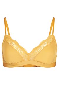 Bralette amarelo com rendas, feito de um tecido suave, copas triangulares, alças ajustáveis e um design sem costura. Ideal para conforto e suporte.