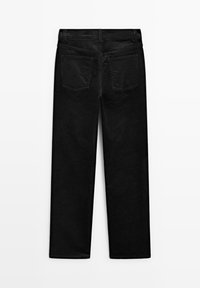 Jeans neri con un design a gamba dritta, realizzati in denim. Presentano due tasche posteriori e una texture liscia, con una vita classica.