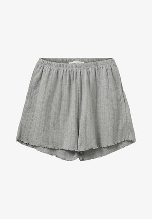 Pantaloni corti grigi a pieghe realizzati in tessuto morbido. Presentano un elastico in vita e un orlo sfrangiato. Motivi verticali decorano il tessuto.