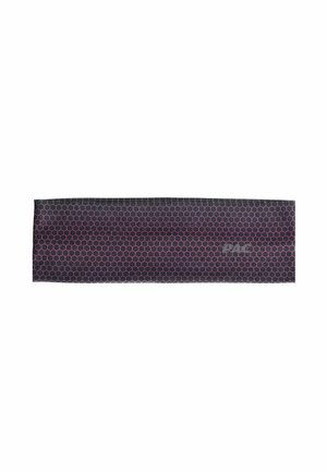 Black and purple hexagonal patterned fabric headband with a small reflective logo on one side, isolated on a white background.