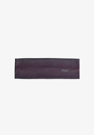 Black and purple hexagonal patterned fabric headband with a small reflective logo on one side, isolated on a white background.