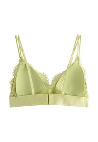 Bralette verde chiaro con coppe triangolari, bordo in pizzo, spalline regolabili e chiusura a gancio sul retro. Tessuto morbido.