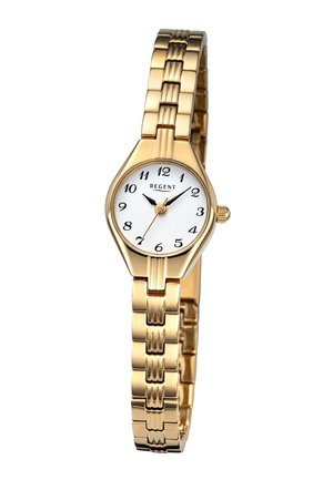Montre-bracelet en métal doré avec cadran blanc, chiffres arabes noirs, marque "Regent" et bracelet à maillons.