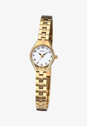 Montre-bracelet en métal doré avec cadran blanc, chiffres arabes noirs, marque "Regent" et bracelet à maillons.
