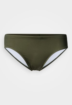 Bas de bikini vert foncé en tissu lisse avec des accents blancs, présentant une coupe classique et une ceinture élastique pour le confort.