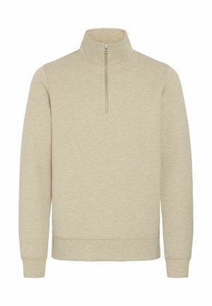 Beiger Pullover mit hohem Kragen, halbem Reißverschluss und langen Ärmeln. Weiche Textur mit meliertem Aussehen. Einfaches, schmuckloses Design.
