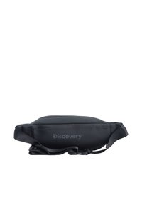 Borsa a vita nera con zip realizzata in materiale liscio, dotata di una sola tracolla e di un logo discreto. Forma ovale compatta, design minimalista.